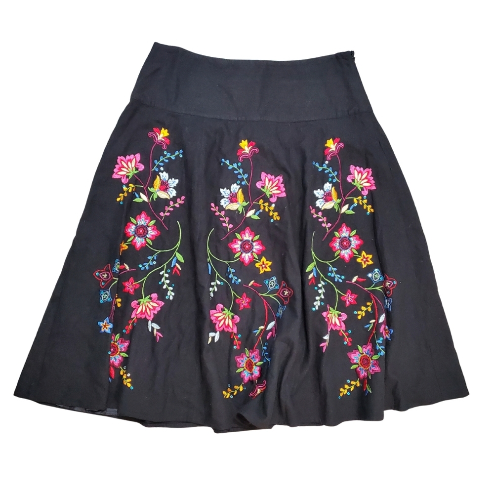 VTG Carole Little Black Floral Embroidered Sequined Midi Skirt Sz 10